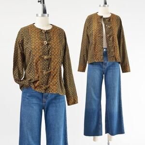 Vintage 90s Boho Cotton Ethnic Boxy Shirt Jacket with Coin Buttons S M